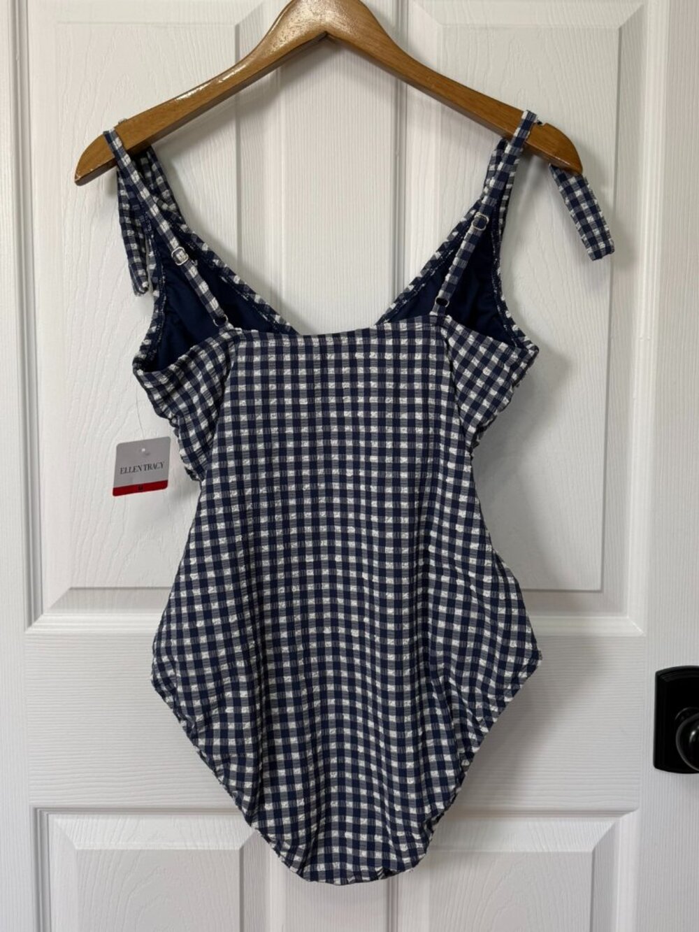 Ellen Tracy Gingham One Piece Swimsuit Ruched Tie Strap NWT Size M - Picture 5 of 10